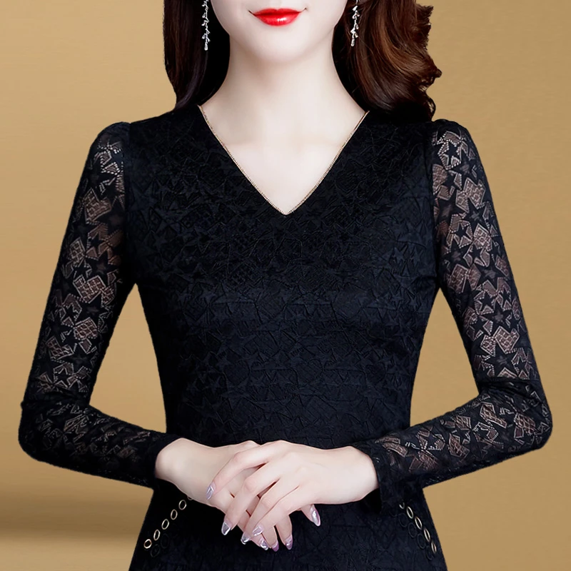 【品牌正品】3035黑色蕾丝打底衫长袖2024秋冬新款薄款V领