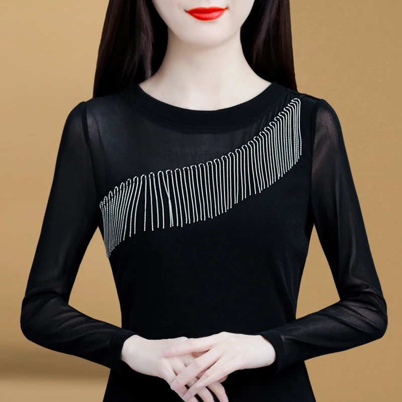 10097冬季女上衣长袖2024年新款女装网纱加绒打底衫