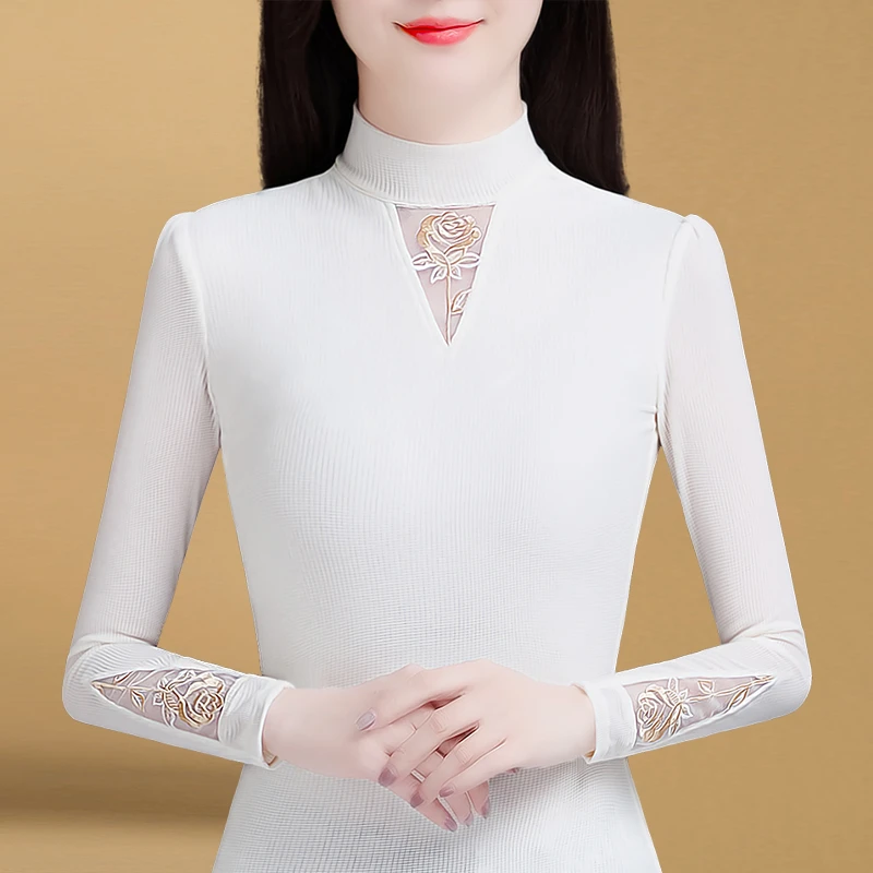 【品牌正品】85707半高领加绒打底衫2024针织长袖t恤显瘦白色洋气