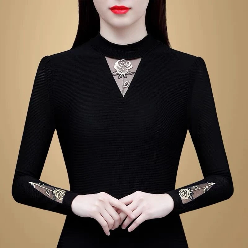 40261半高领加绒打底衫女长袖2024年秋冬新款保暖上衣