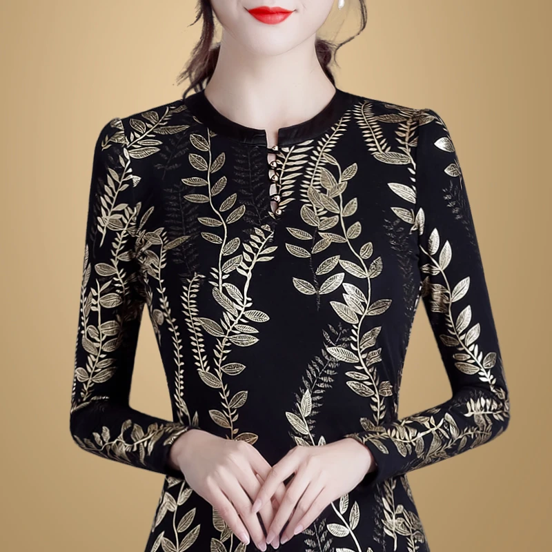 4145秋冬女上衣2024新款秋冬修身蕾丝打底衫长袖洋气小衫加绒加厚