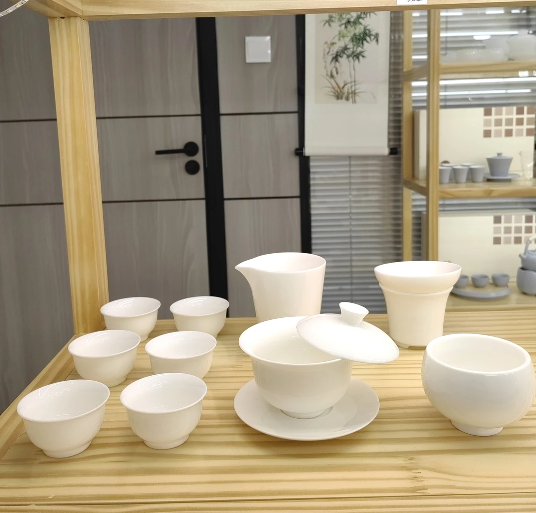 小雅纯白宽口杯11件 羊脂玉白瓷盖碗功夫茶具套装 安全包装
