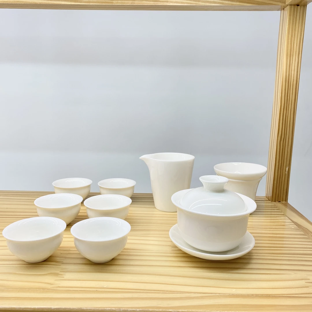 纯白圆满10件盖碗套装 羊脂玉白瓷加厚茶具功夫茶具全套 安全包装