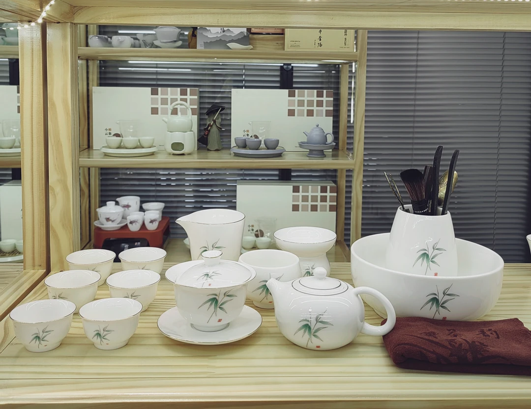 描金绿竹宽口杯23件套大全套（悬停盖碗）  茶具套装 安全包装