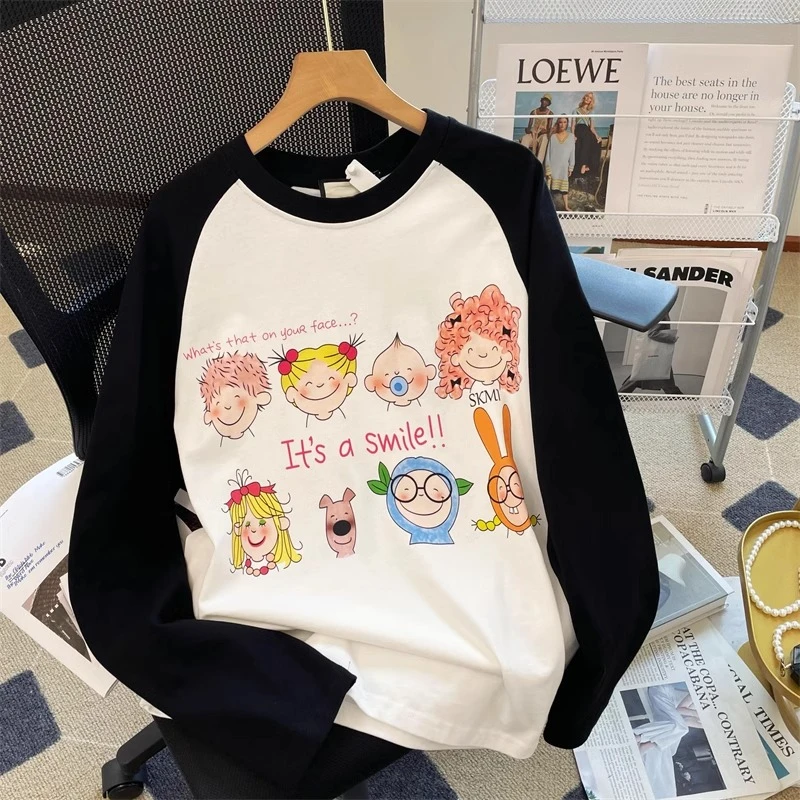 48h飞【快乐家族!】重磅纯棉插肩袖长袖t恤女宽松复古卡通打底上衣