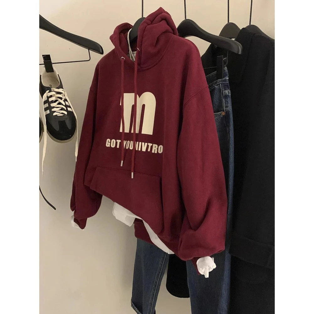 48h飞【显白系列】重磅慵懒风卫衣女宽松美式复古字母M加绒帽衫上衣