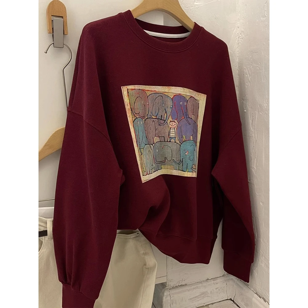 48h飞【大象油画】重磅圆领卫衣女宽松美式复古卡通高级感慵懒上衣