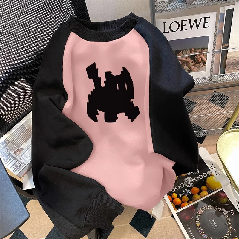 48h飞【动感小猫】重磅插肩长袖卫衣女宽松日系复古减龄撞色上衣服