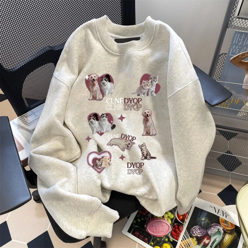 48h飞【爱心小猫咪】美式复古卫衣女早秋宽松趣味卡通高级感上衣服