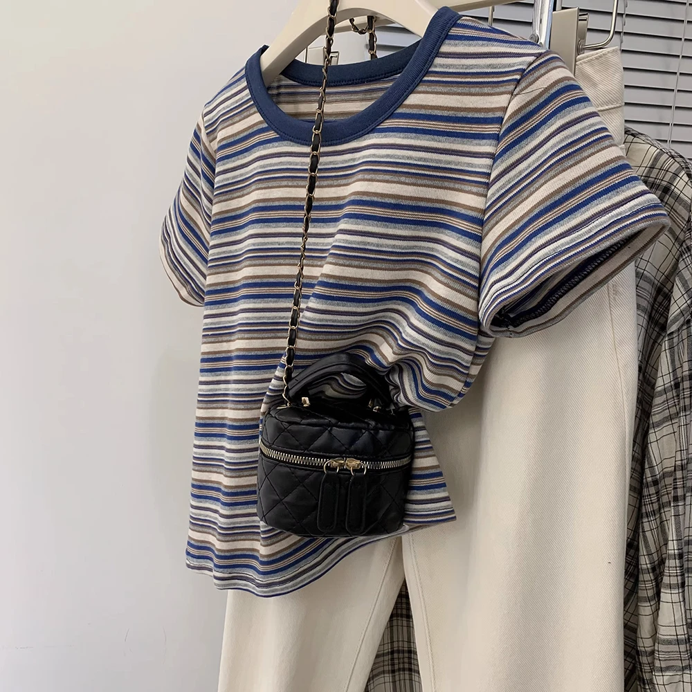 48h 飞【海盐薄荷】云彩棉撞色条纹短袖t恤女修身小个子辣妹上衣