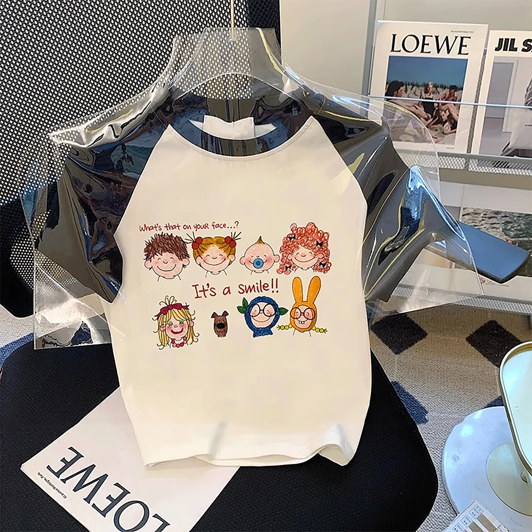 48h飞【童趣多巴胺】纯棉短款插肩短袖t恤女小个子辣妹撞色上衣服