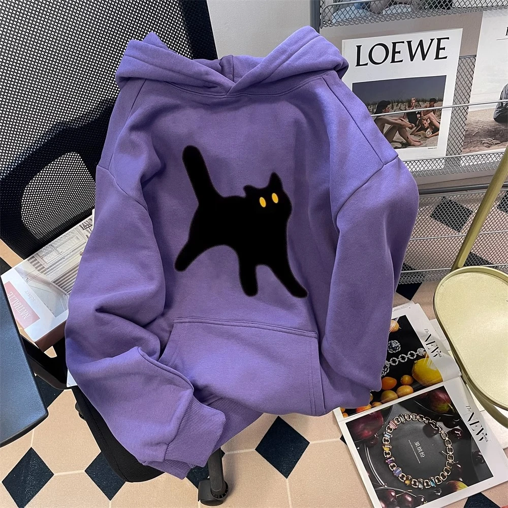 48h飞【一只黑猫】重磅紫色连帽卫衣女早秋宽松美式设计感帽衫上衣