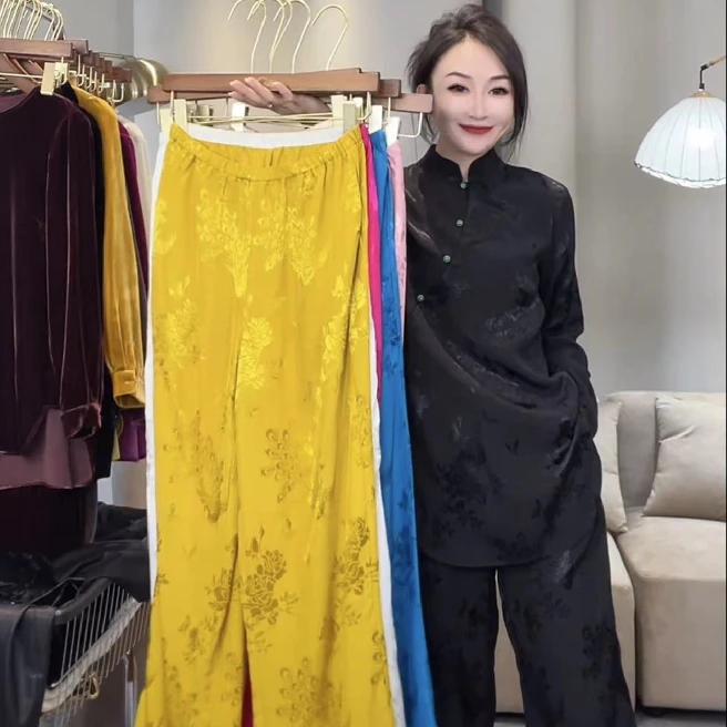 【孔雀牡丹】新中式垂感提花裤子春夏款女装新款