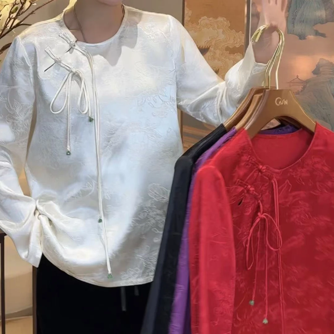 QNH-真丝提花百搭常规版圆领长袖流苏衫