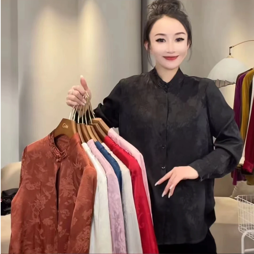 丝绒女人【多色衬衫】提花经典盘口立领衬衫