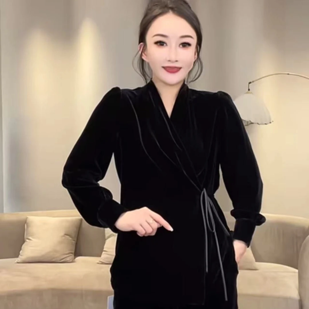 丝绒女人【外开小衫】桑蚕丝丝绒对襟系腰修身上衣