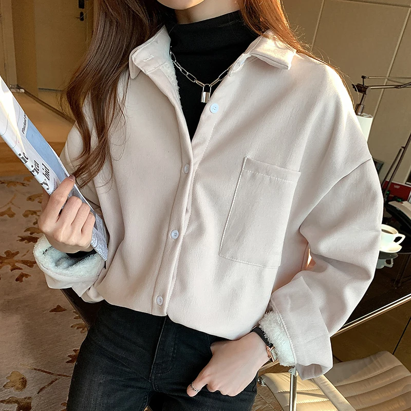 加绒加厚杏衬衫女秋冬款韩版休闲百搭显瘦羊羔绒保暖长袖打底上衣