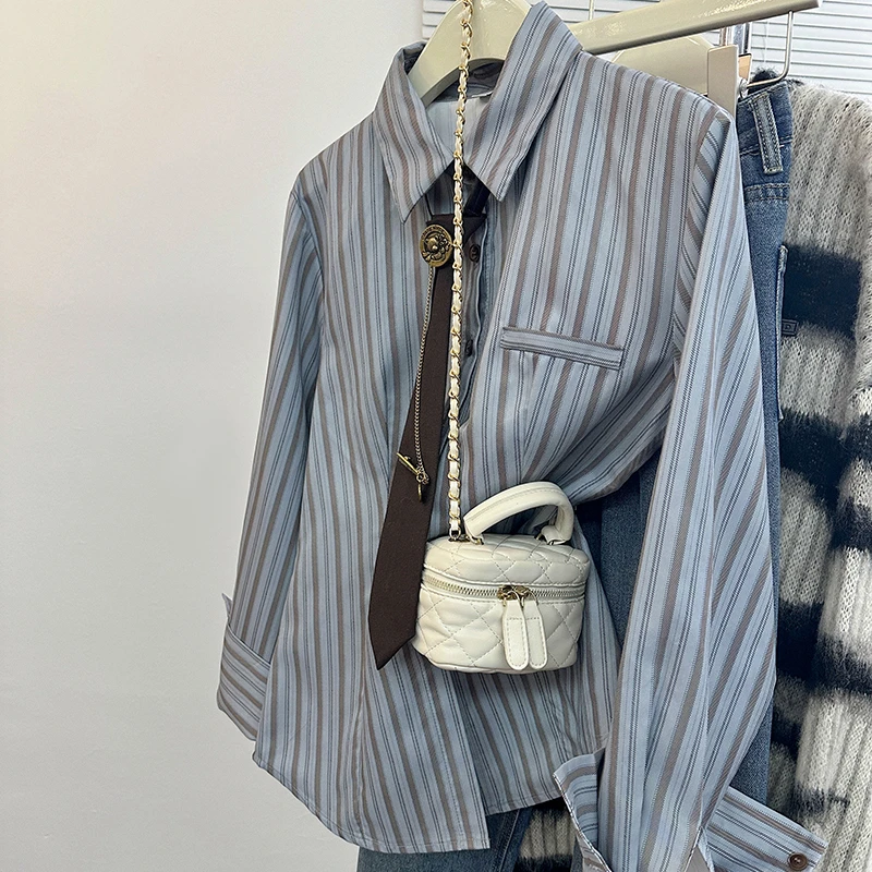 长袖配领带链条装饰复古宫廷学院条纹衬衫女2024春秋新款上衣小众