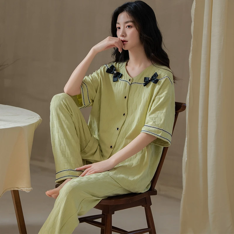 2023夏季新款睡衣女夏纯棉薄款短袖长裤休闲可外穿家居服套装春夏