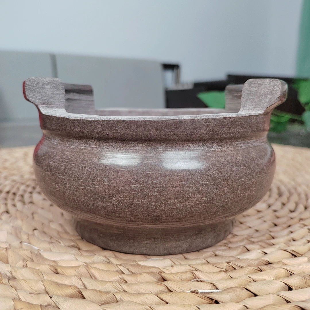 老式手工石雕圆形香炉红板岩香炉家用香炉石头香炉带耳朵香炉家用