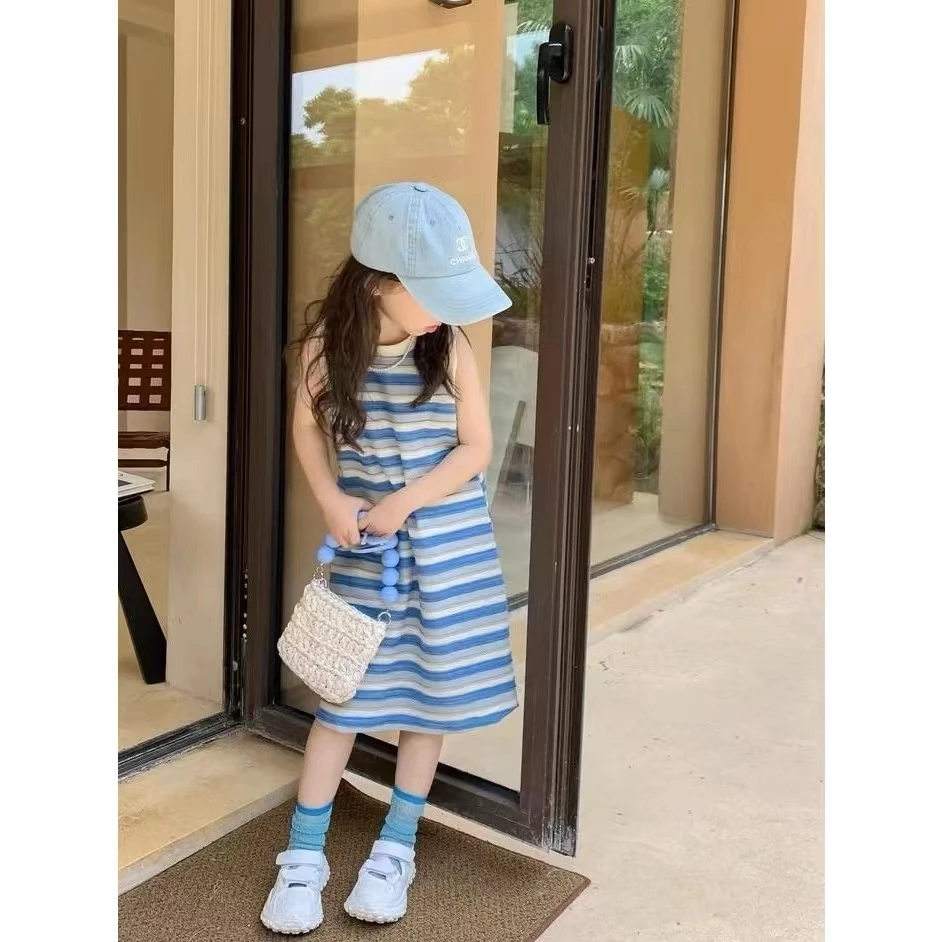 夏季女孩连衣裙新款条纹时尚休闲韩版清凉无袖一体长裙背心裙
