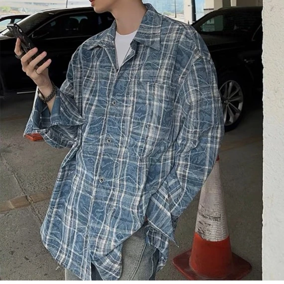 2023新款美式复古蓝色格纹口袋翻领衬衫秋复古做旧长袖口袋衬衫
