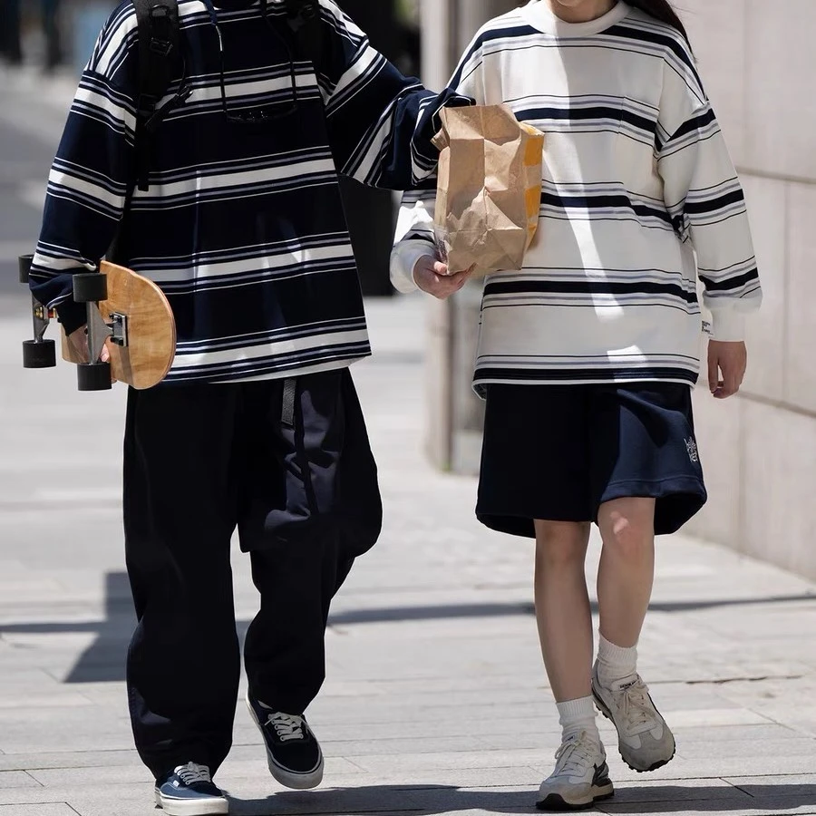 复古日系休闲百搭条纹圆领长袖T恤男女流行宽松廓形情侣衫