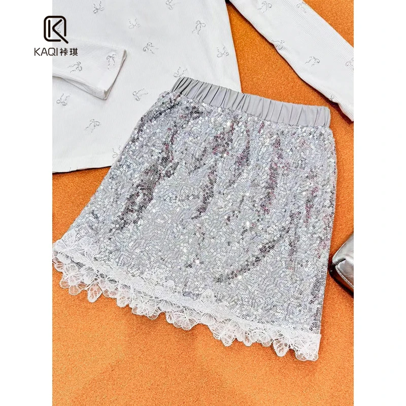 【裃琪童装】女童宝宝秋冬季新款洋气亮片蕾丝半身裙A字短裙91281