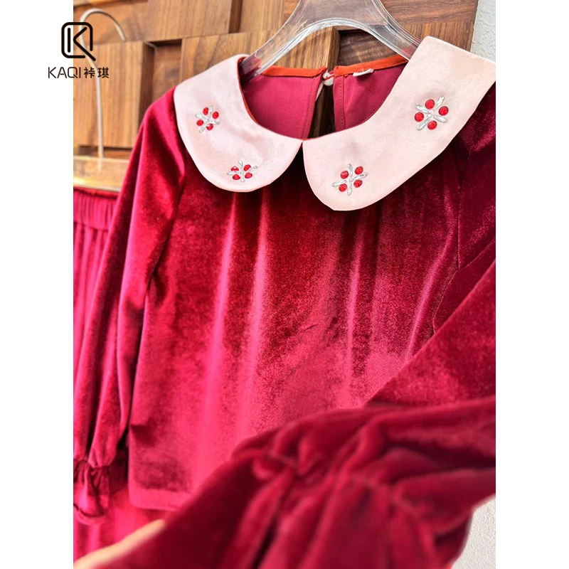 【裃琪童装】春秋季新款洋气公主宝宝丝绒娃娃领烫钻长袖上衣91191