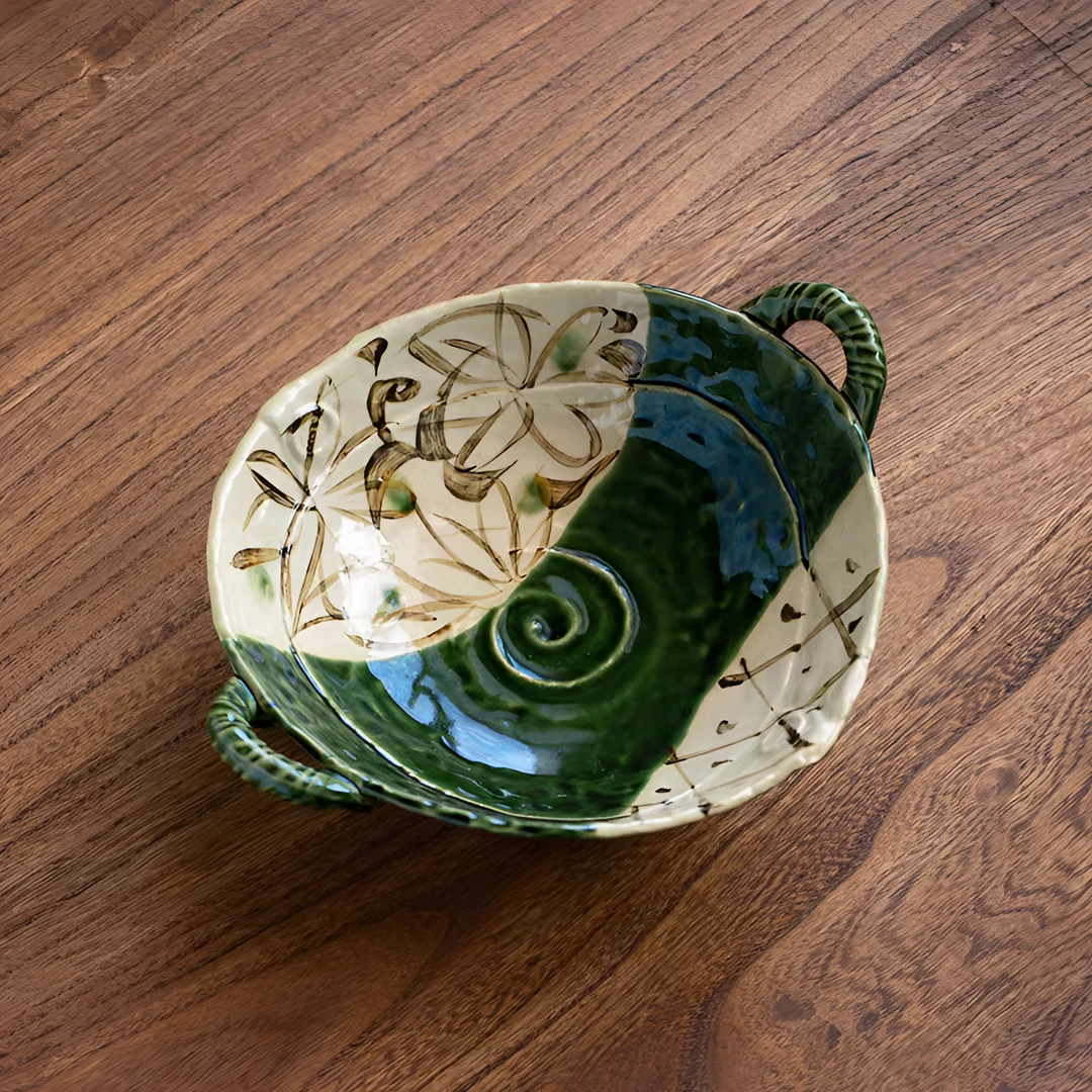 日本进口美浓烧手绘织部双耳大钵碗陶瓷釉下彩日式沙拉碗大汤碗