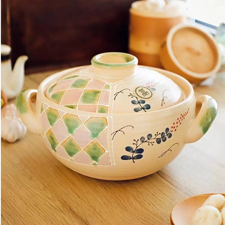 万土烧格兰花土煲炖煮锅天然手工陶土砂锅日式和风炖菜煲汤炖煮锅