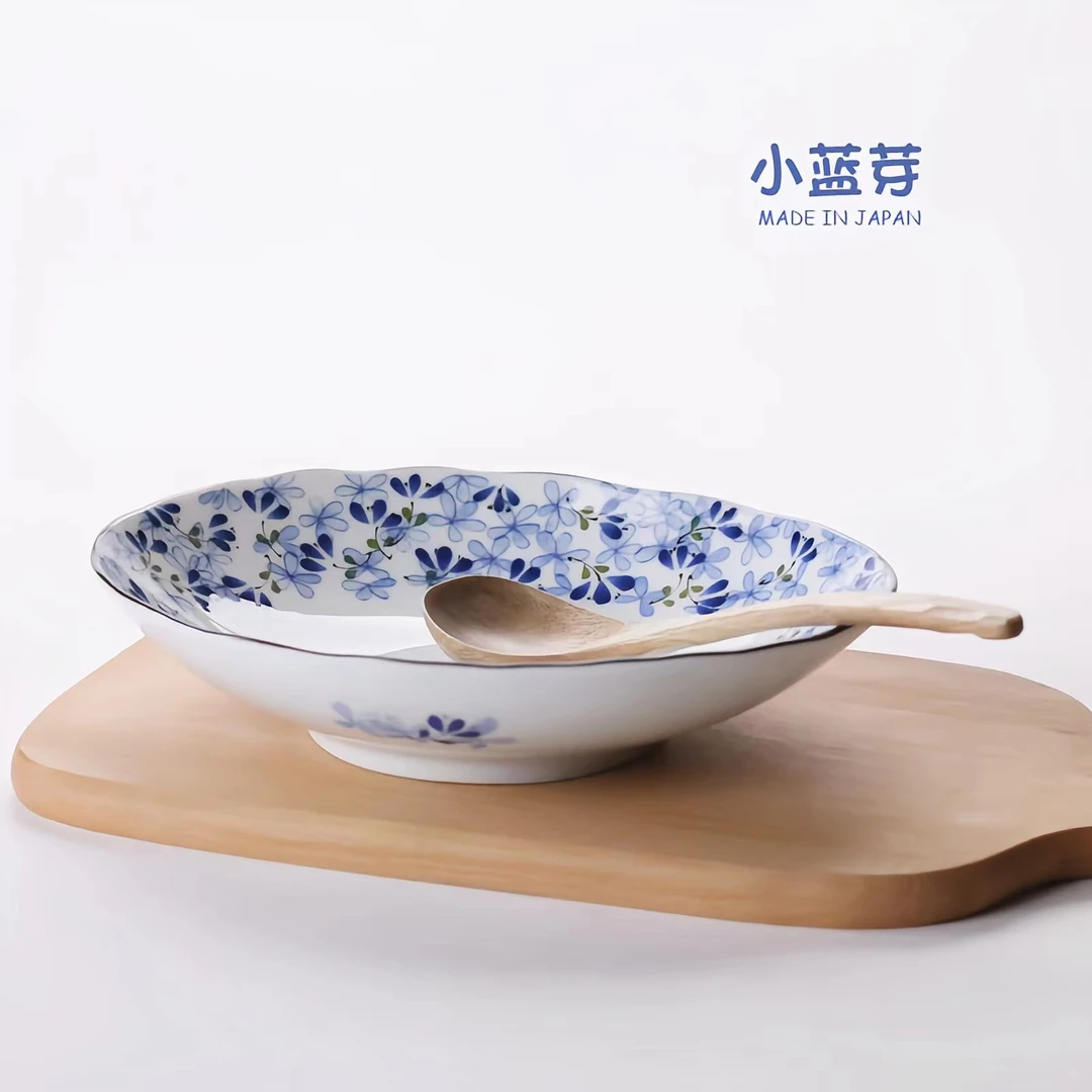 日本进口光峰小蓝芽椭圆菜盘饭盘釉下彩汤盘家用餐具轻量瓷陶瓷