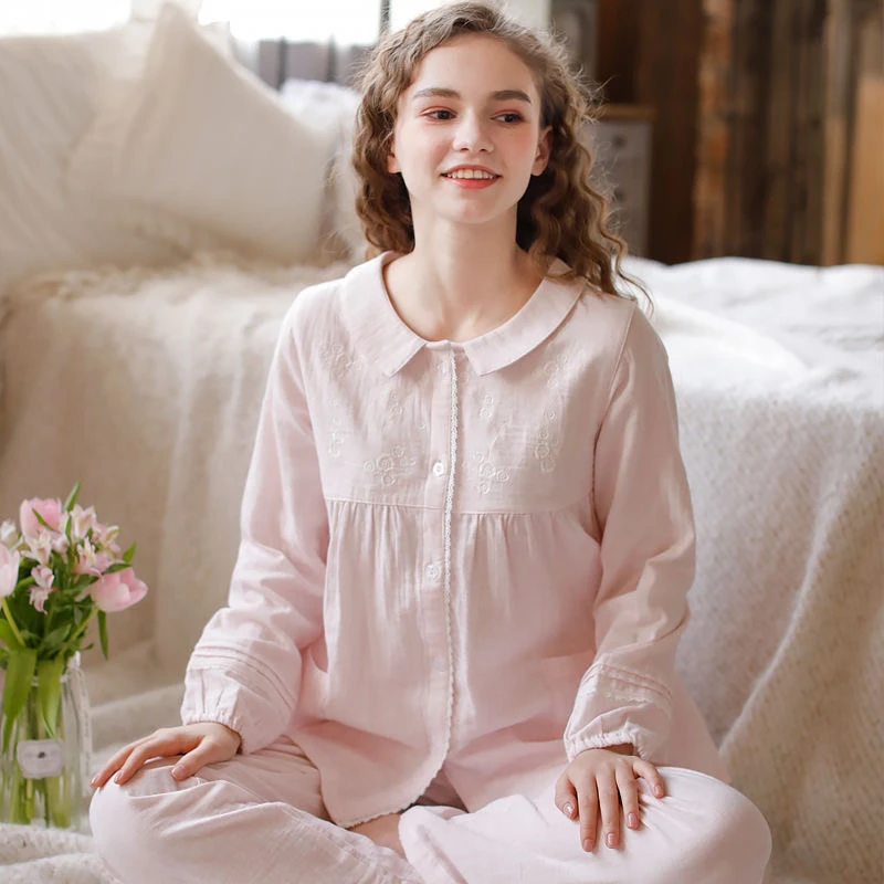 100%纯棉睡衣女春秋纱布长袖长裤两件套日系甜美宽松全棉家居服