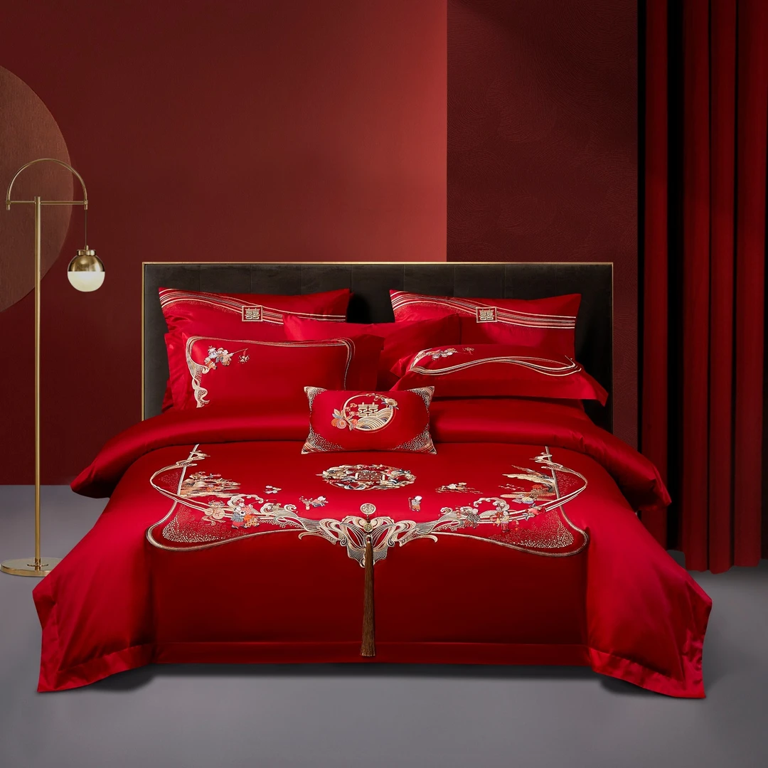 喜庆磨毛四件套长绒棉套装婚庆婚房婚床中式喜庆结婚床上用品被套
