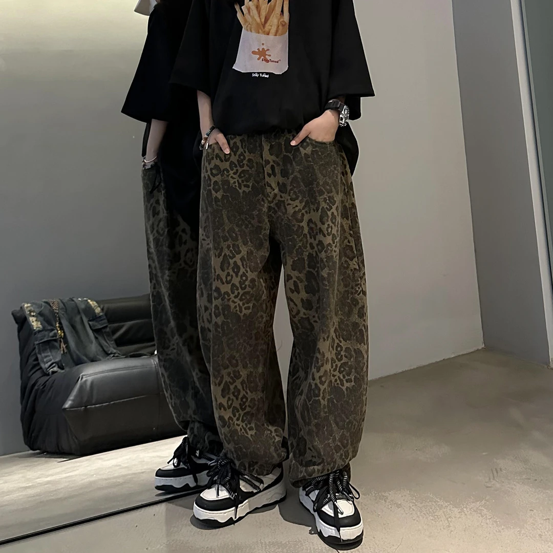 OFF HOMME夏季美式高街休闲复古宽松水洗豹纹男女款情侣弯刀长裤