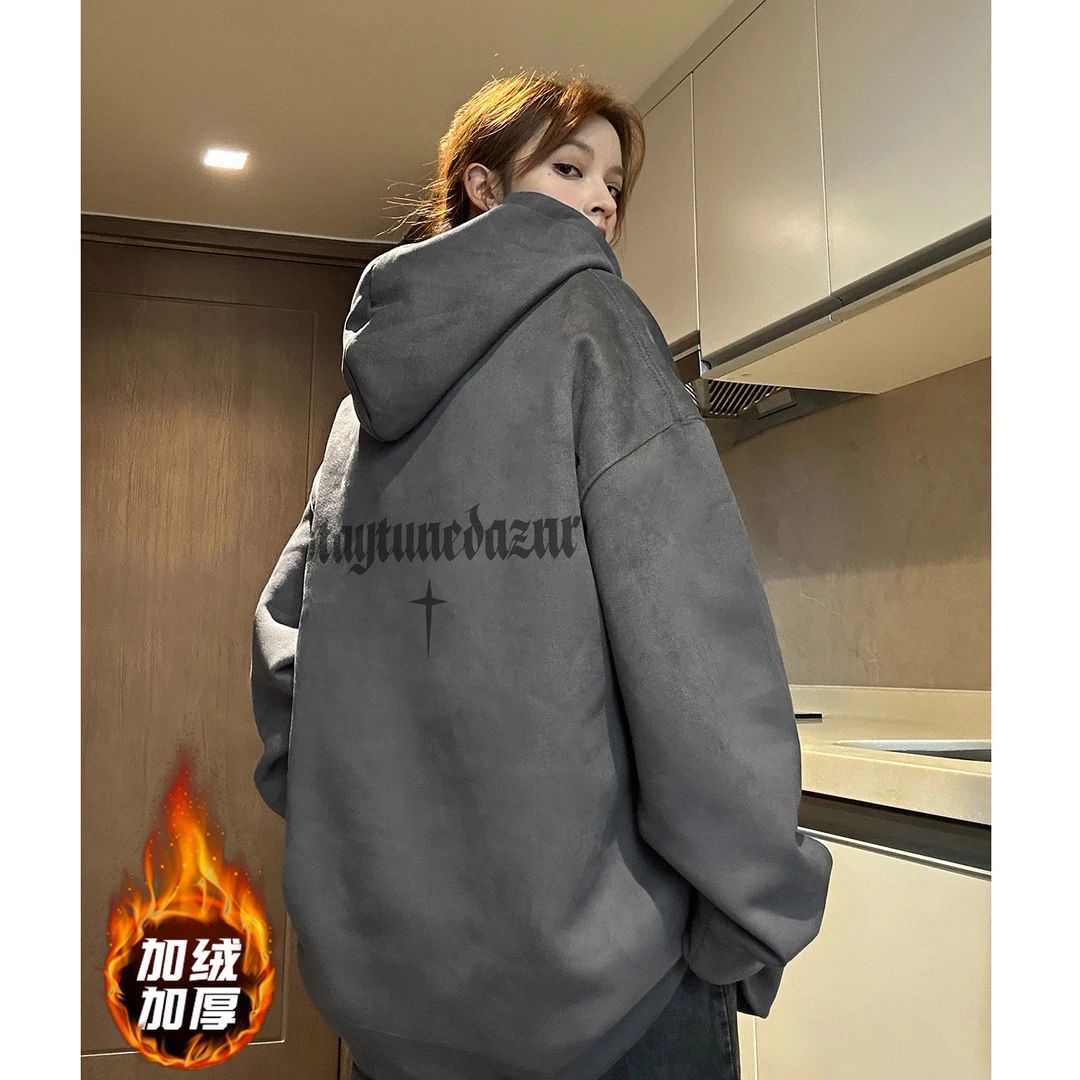 OFF HOMME加绒加厚休闲宽松连帽仿麂皮绒套头外套男女情侣卫衣潮