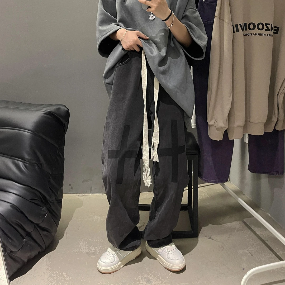 OFF HOMME复古黑灰色牛仔拖地阔腿长裤子男女情侣宽松直筒牛仔裤