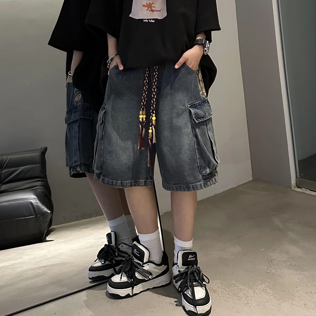 OFF HOMME夏季新中式牛仔裤直筒宽松水洗男女款情侣国风五分中裤