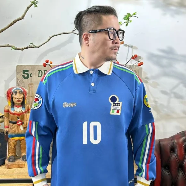 现货-意大利蓝色巴乔足球服秋冬透气休闲运动美式速干印花刺绣