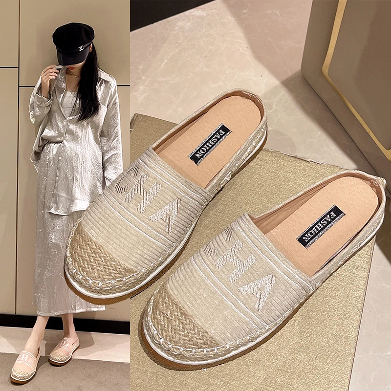 【广州薇姐】小香风渔夫鞋女2025刺绣懒人包头拖女鞋半拖鞋一脚蹬