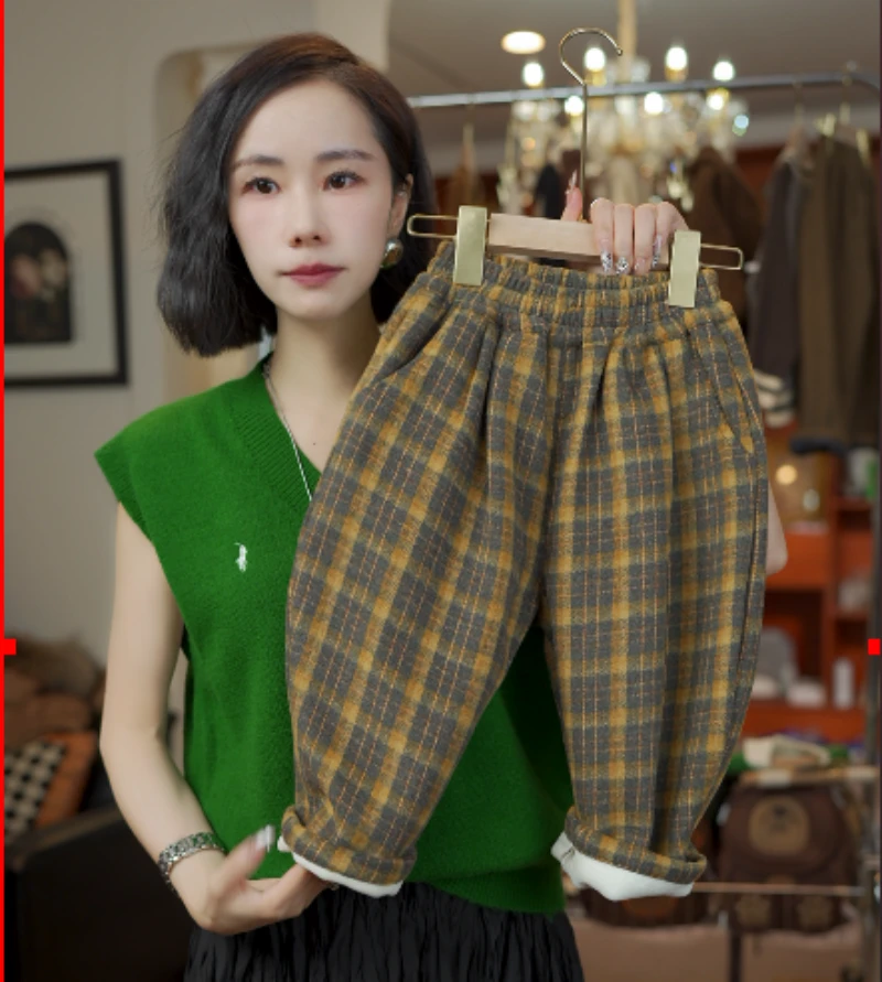 「平替好物」2025韩版男女童一体绒格子裤儿童加绒保暖学院风裤子