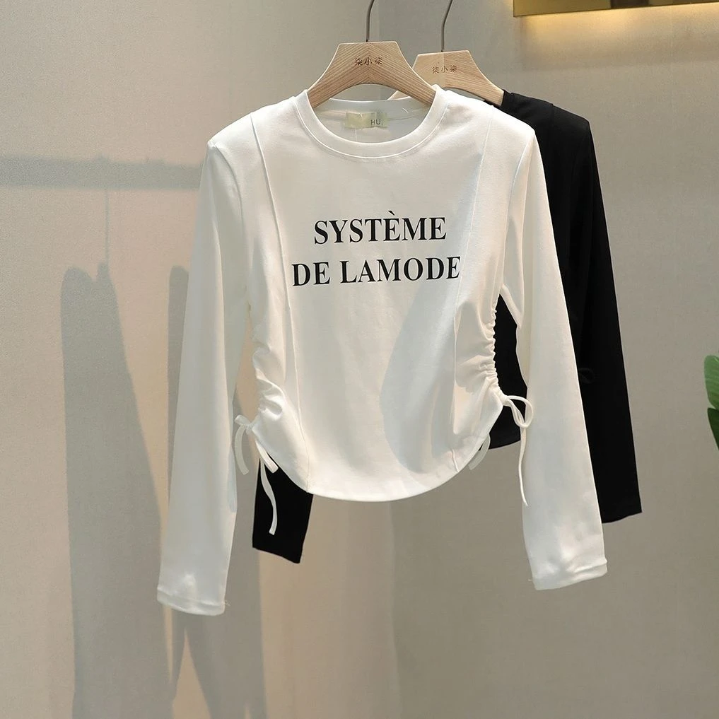 女童字母印花抽绳长袖T恤2025秋季新款中大童韩版宽松洋气打底衫