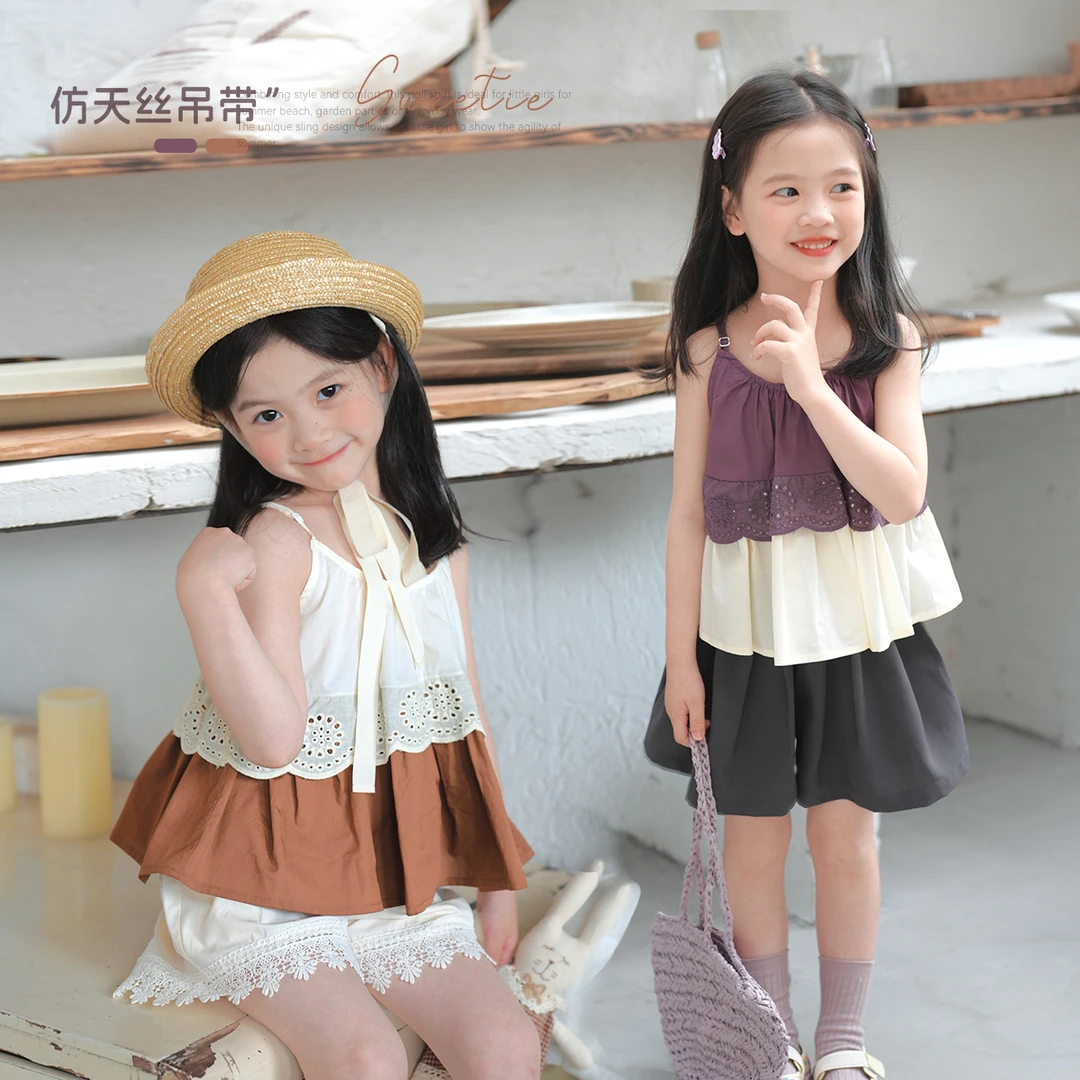 【奶茶冻】蓝小爸女童吊带娃娃衫2024夏季新款儿童甜美百搭宝宝蕾丝