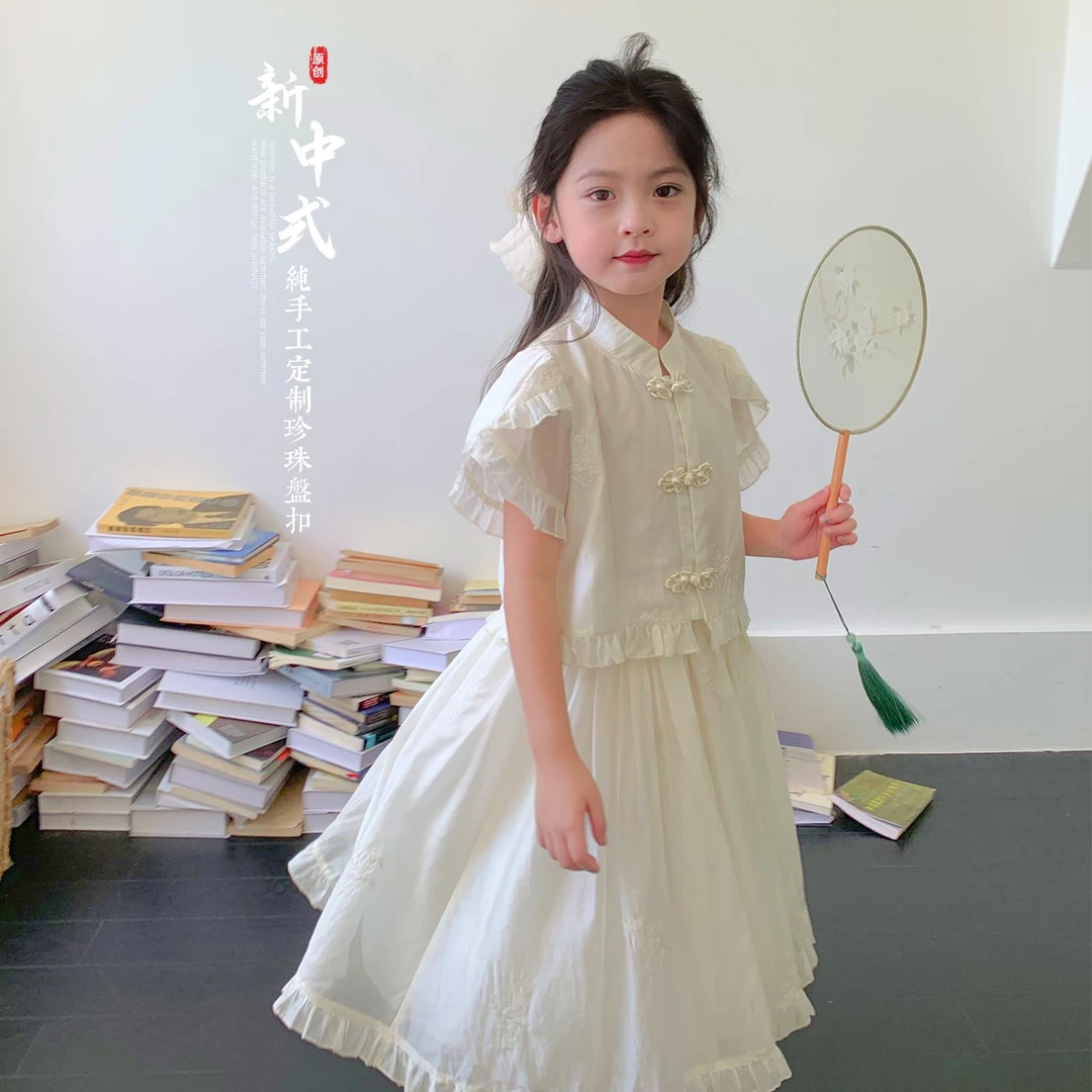 【许清欢】蓝小爸女童新中式套装2023夏季新款国风盘扣半身纱裙