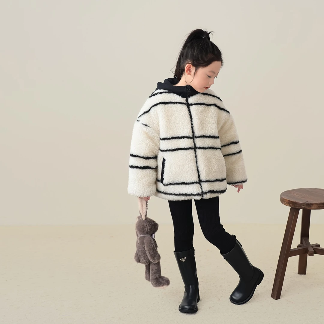 【奥利奥】蓝小爸女童夹棉外套2023冬新款儿童条纹保暖棉服连帽上衣