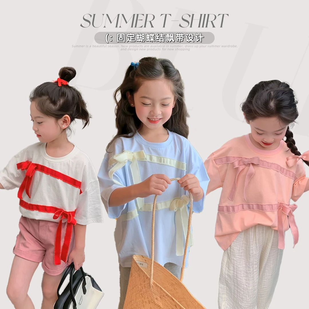 【潮流秘籍】蓝小爸女童短袖T恤夏季新款甜美宝宝蝴蝶结圆领上衣