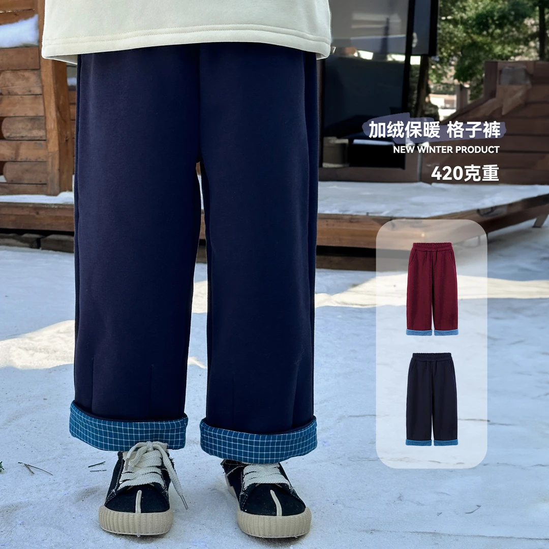 【翻边格】BLUEPAPA女童休闲裤2024冬新款加绒翻边加厚直筒休闲长裤