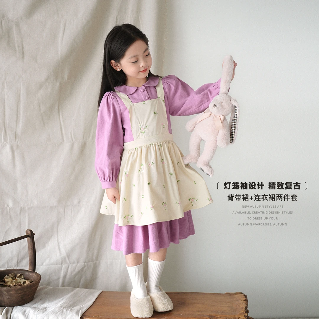 【桔梗花】蓝小爸女童套装2023秋季新款儿童娃娃领连衣裙