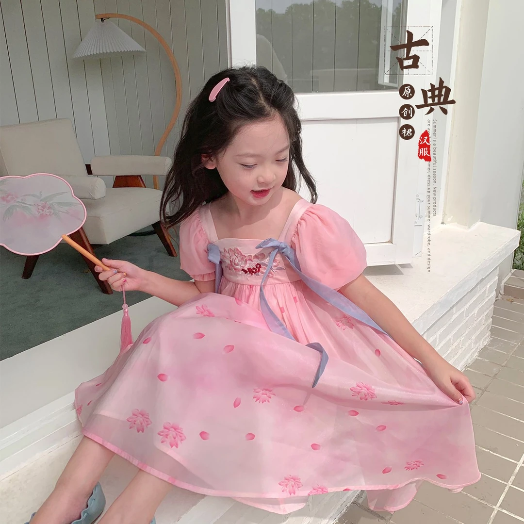 【粉黛花墙】蓝小爸女童连衣裙2023夏季新款宝宝重工刺绣汉服裙