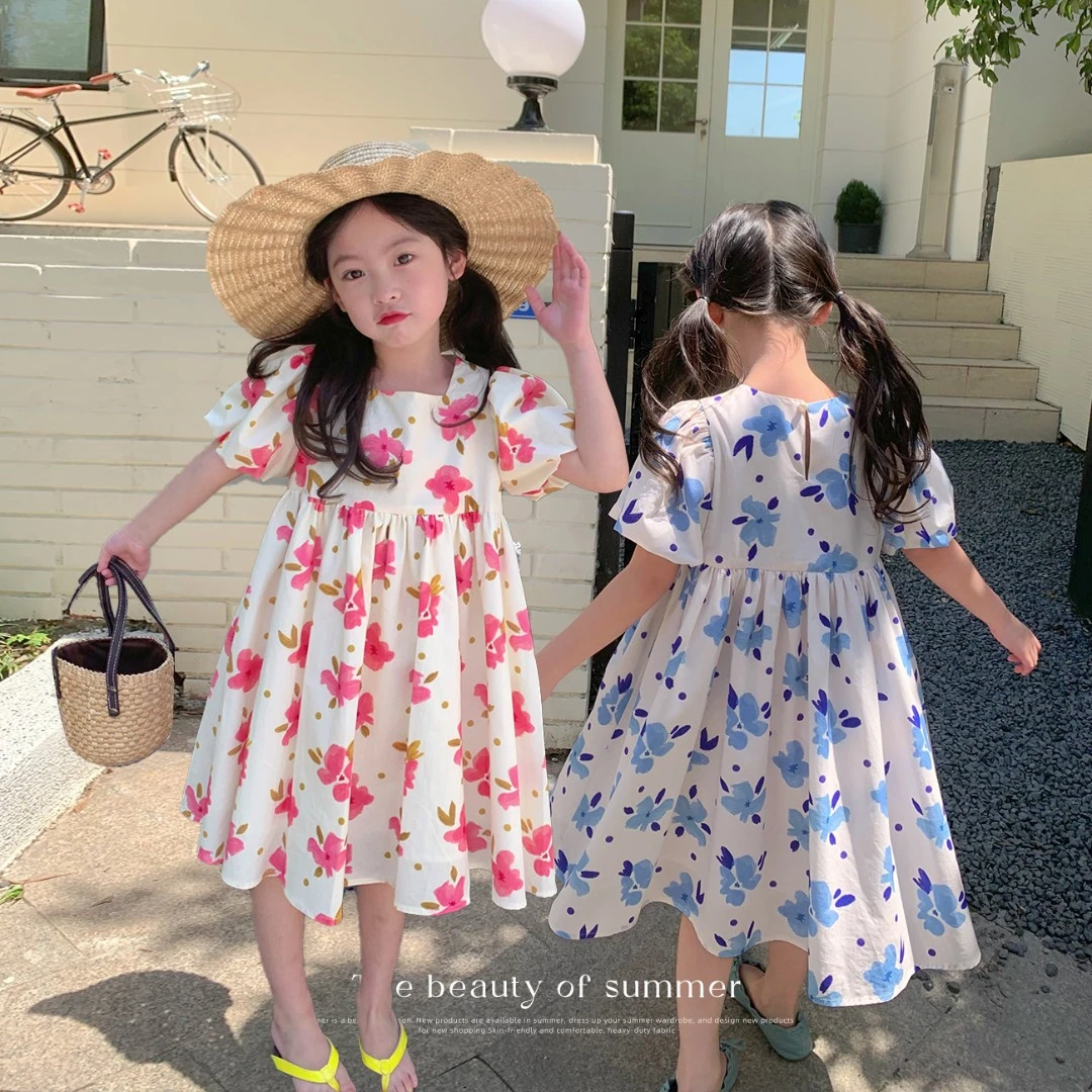 【碎冰星】蓝小爸女童连衣裙2023夏季新款甜美泡泡袖碎花长裙子
